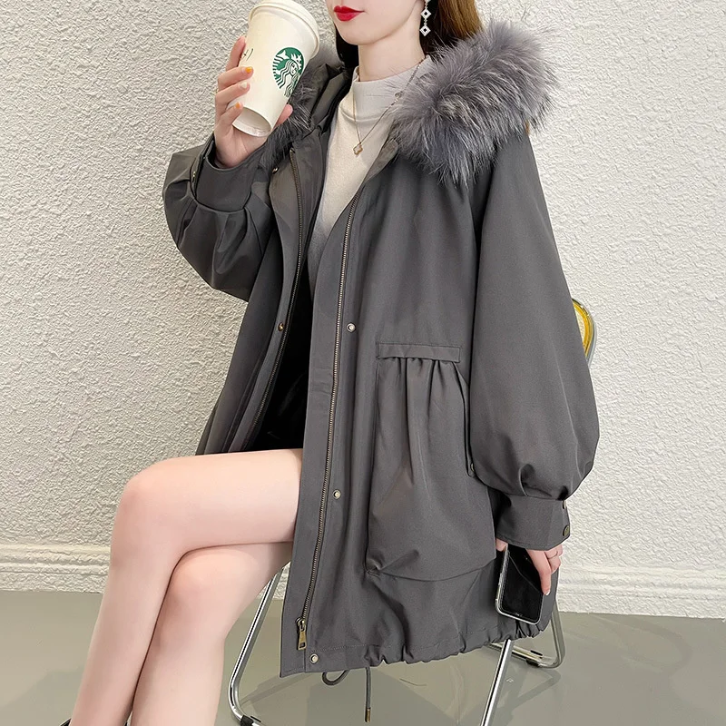 

Raccoon Ladies Winter Fur Coat Fur Collar Coat Women Long Parka Jacket Rabbit Fur Liner Lady Outwear Warm Casaco Feminino