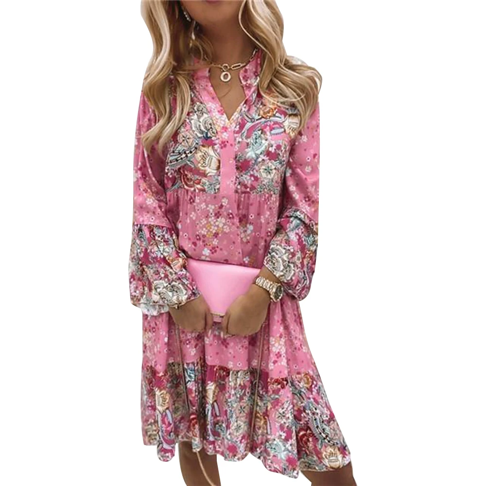 

Women Beach Dress Casual Long Sleeve Floral Dress Boho Mini Party Dress Elegant V Neck Lattern Sleeve Loose Sundress Vestidos