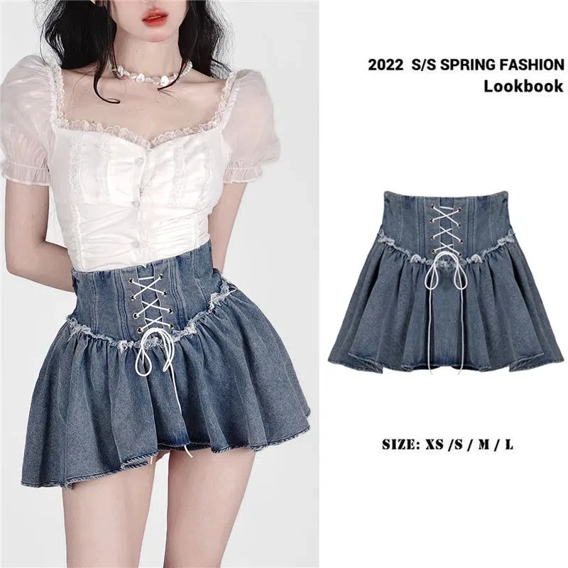 

Lochrus versatile high waisted tie wool edge super short skirt jeans skirt waist waist legs long cake skirt