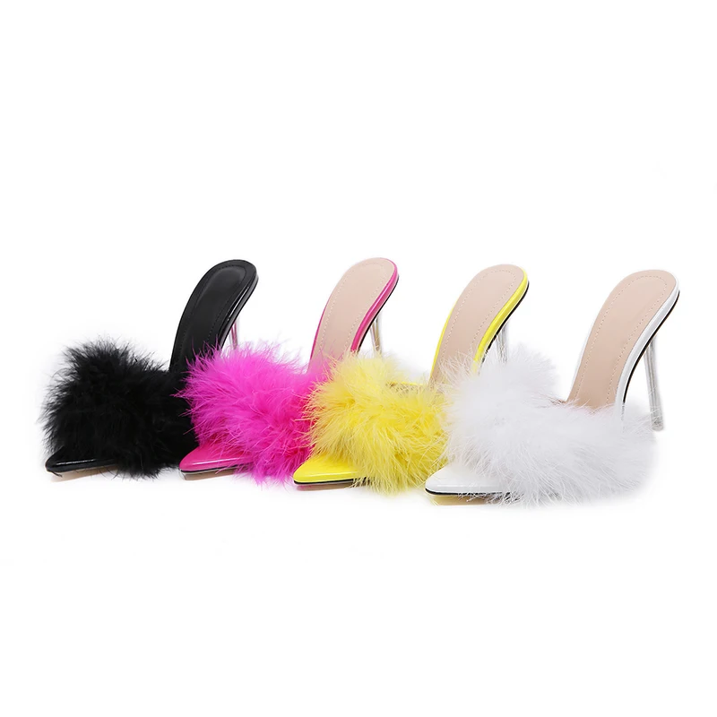 Comemore sandali donna elegante Sneakers pantofole tacchi alti trasparenti pelliccia Stiletto rosa muli sera partito scarpe da donna 2022