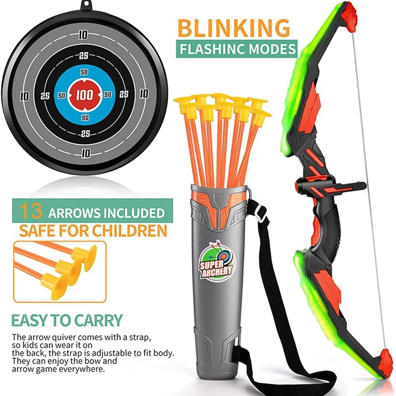 

Bow And Archer Set For Kids - Archery Toy Set - LED Light Up With 13 Suction Cup Arrows, Target & Quiver