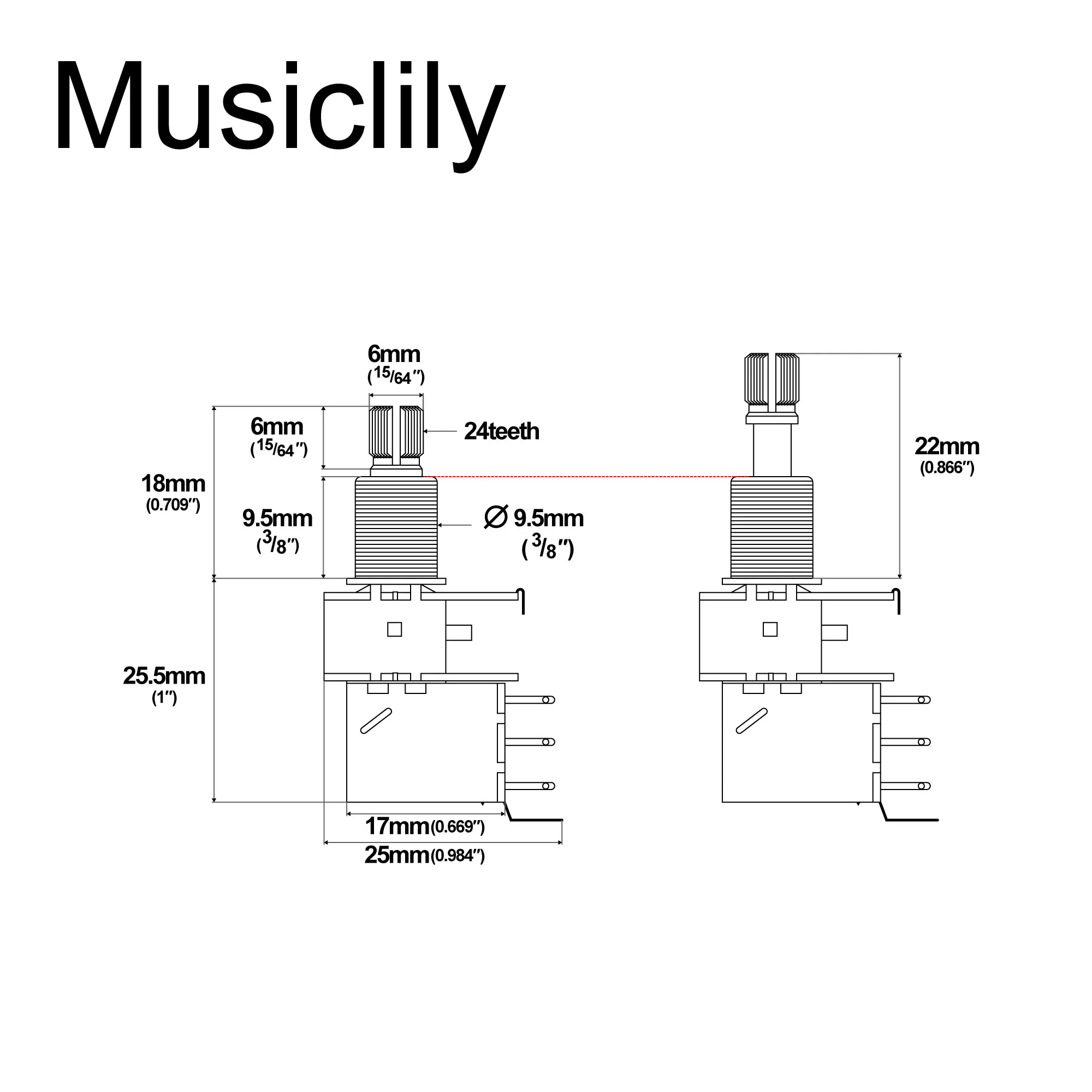 Фото Потенциометр Musiclily Pro A250K/A500K латунный, с раздельным стандартным валом 3/8 дюйма, Push-Pull, аудио-трапециевидный, для электрогитары и бас-гитары №2