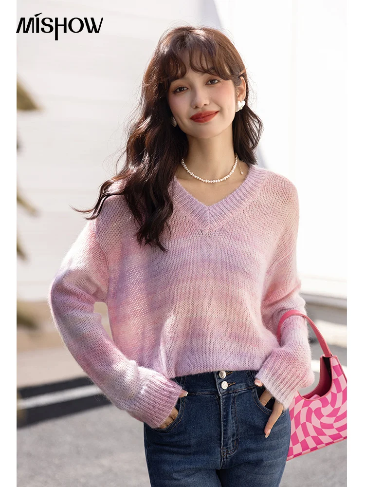 

MISHOW Women's Sweater 2022 Autumn Gradient Mohair V-Neck Long Sleeve Striped Knitted Tops New Gentle Female Clothing MXB33Z0668