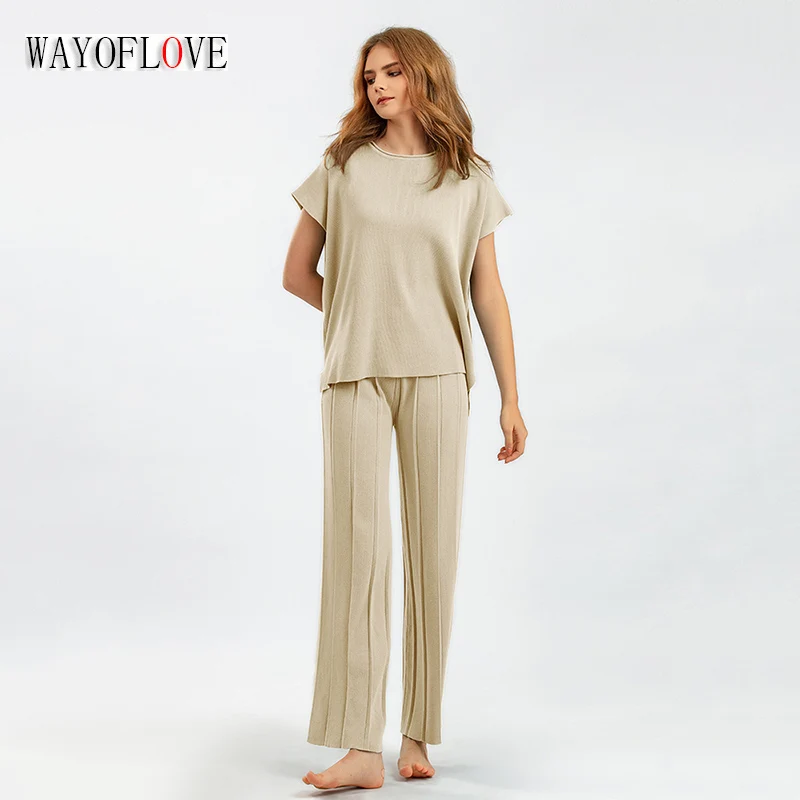 

WAYOFLOVE Spring Summer Women Casual Knitted Two Piece Sets Solid Sleeveless Tank Top Shirt And Wide Leg Pants Knit Ice Silk Set
