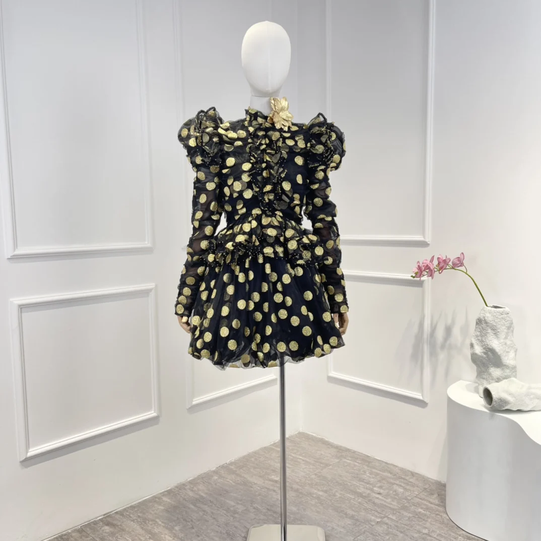 

Hot Sale 2022 Summer Spring Gold Polka Dots Shining Mesh Tulle Puff Sleeve Mini Black Khaki Dress Women