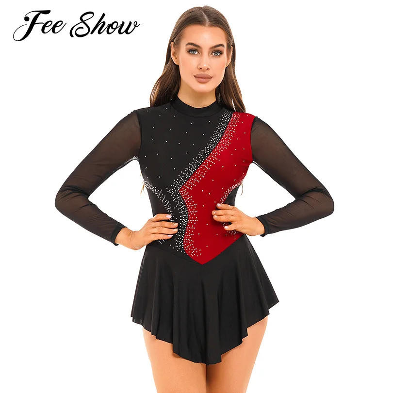 

Womens Sparkling Rhinestone Color Block Latin Dress Sheer Mesh Long Sleeve Cutout Back Dance Leotard Dresses for Figure Skating