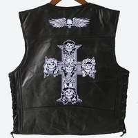 mens spring and autumn four seasons american street punk machine retro badge pirate embroidery leather v neck sleeveless vest