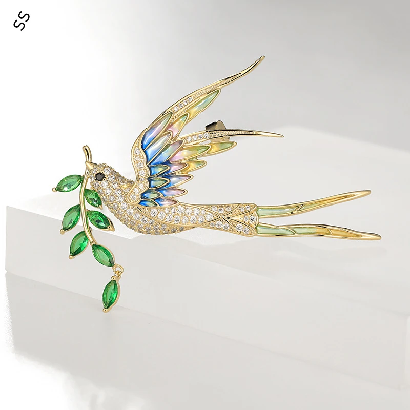 

High-grade Enamel Swallow Brooch Zircon Leaf Bird Brooch Atmospheric National Fashion Accessory Pin