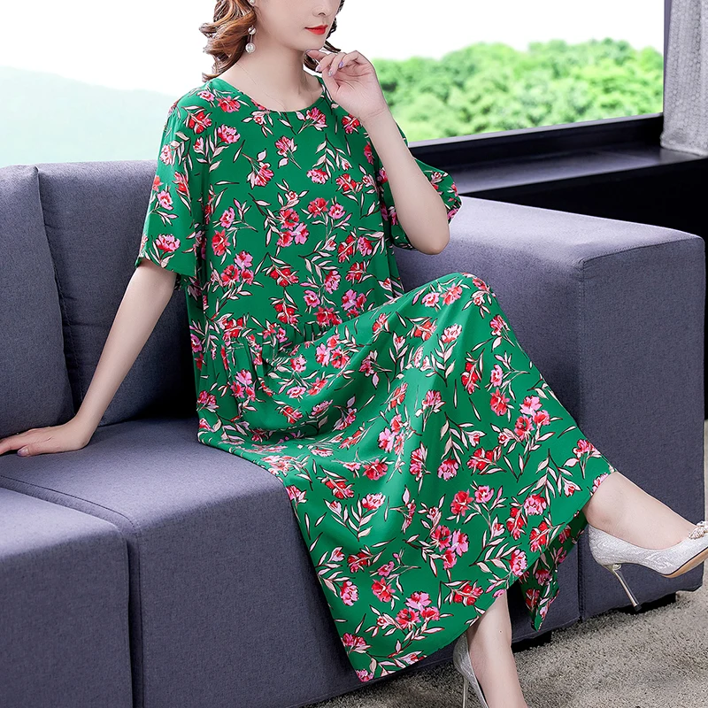 

Women's Silk Dress Spring 2022 New Ladies Large Size Loose and Thin Temperament Long Skirt Elegant Floral Party Casual Vestidos