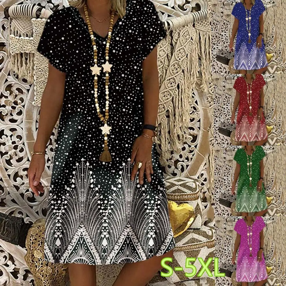 

Women's New Summer Casual Loose Dress Printed V Neck Short Sleeve Dress Fashion Plus Size Party Dress XS-8XL