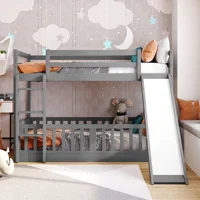 Home Modern Minimalist Wooden Furniture Bedroom Furniture Beds Frames Bases Twin Over Twin Bunk Bed With Slide And Ladder Gray