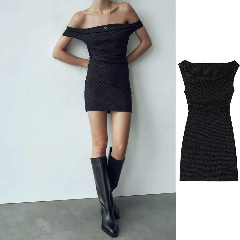 

UNIZERA 2023 Summer New Women's Wear European, American, French, and niche backless pinstripe mini dress 8342246