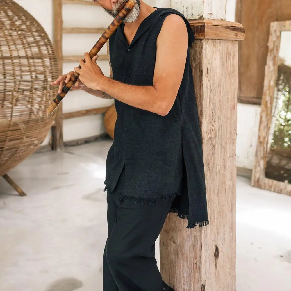 

Trendy Men Vest with Hood Men Summer Shirt Side Split Ripped Hem Men Vest Keep Cooling