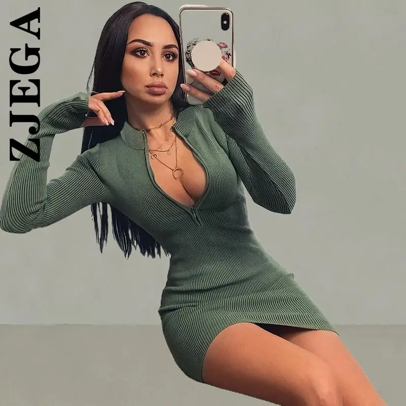 

Zjega Women Knitted Fashion Zipper Sweater Leisure Elastic Ladies Dress Pullover Popular Outfits Dress Streetwear Vestidos