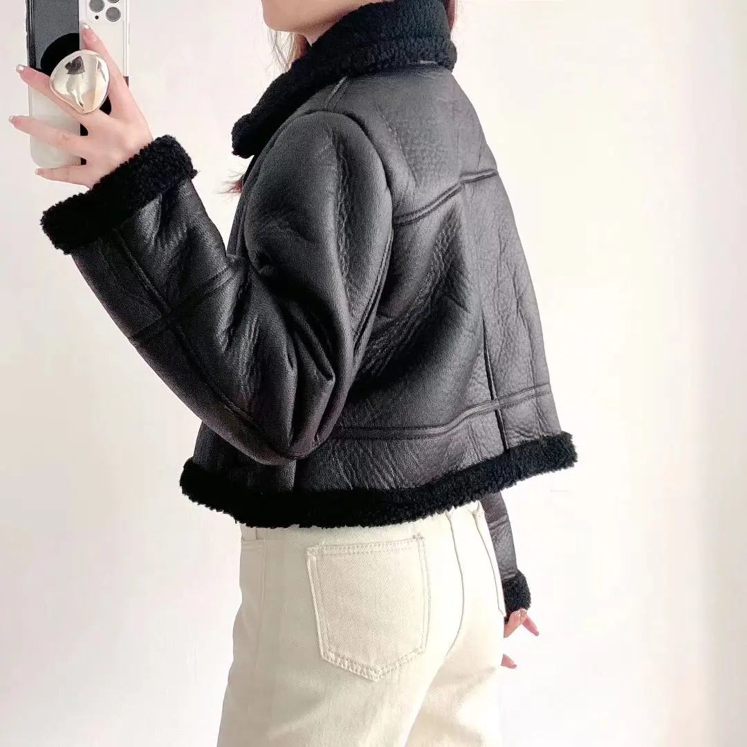 KoHuiJoo Womens Coats Winter Jackets 2022 Korean Short Slim Double Faced Fur Coat Women Warm Thickening Motorcycle Outerwear