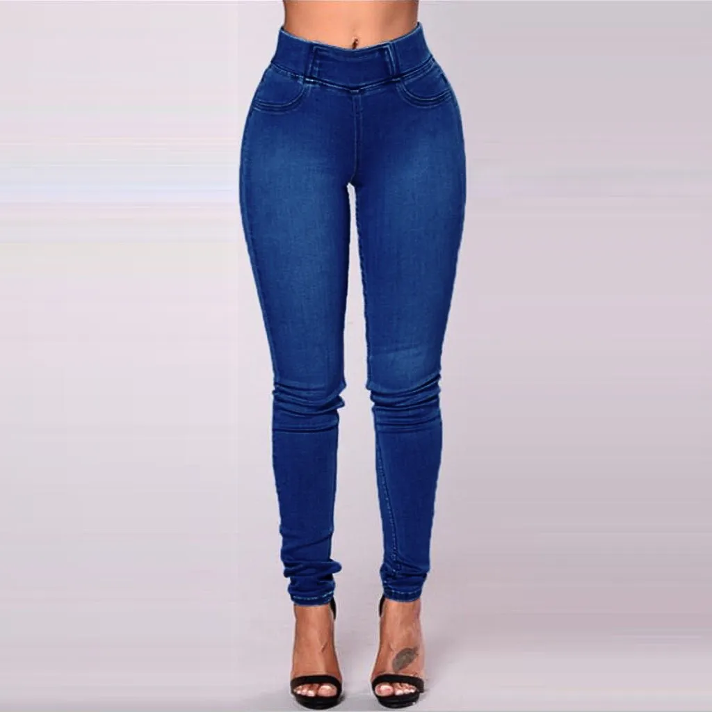 

Women's Plain Elastic Waist Straight-barrel Trousers Tight Jeans