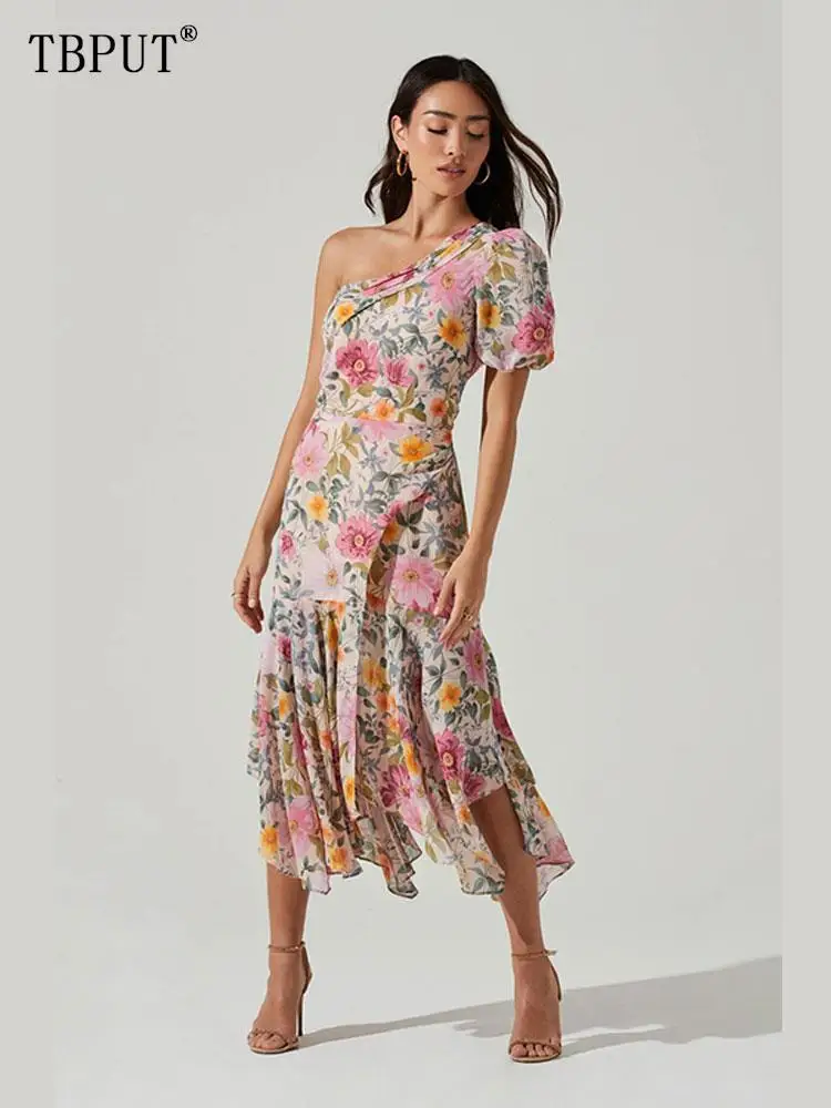 

Fashion Printed Women's Evening Dress Sexy Slim One Shoulder Nipped Waist Robes Summer Ruffles Hem Lady Party Midi Dresses