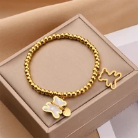 titanium steel bracelet bear and heart bangels stretch beaded bracelet adorable fritillary bear pendant girl gift dropshipping