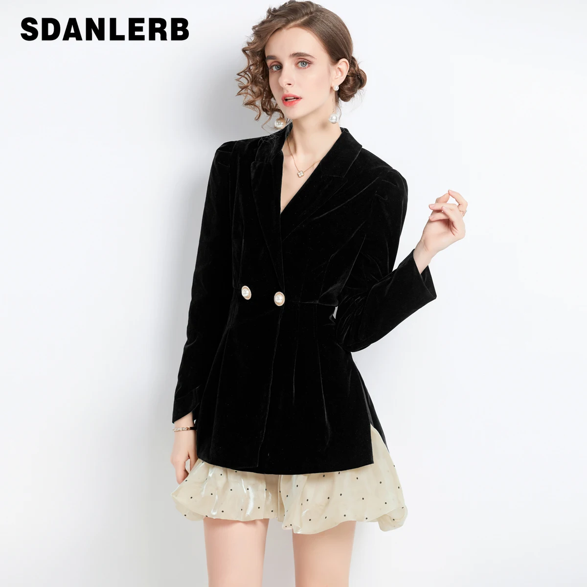 

Women's Stitching Puffy Polka-Dot Cinched Autumn and Winter Velvet Suit Dress Long Sleeve Elegant Black Mid-length Dresses