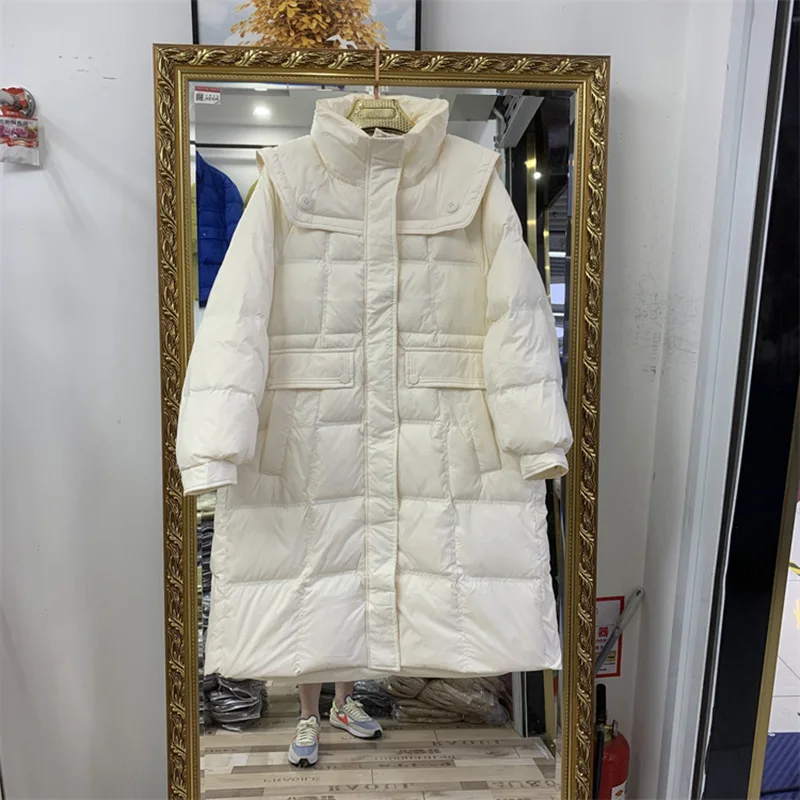

2022 New Winter Order Wholesale Down Garment Women'S Medium Length Thickened Loose Hooded White Duck Down Warm Jacket Free
