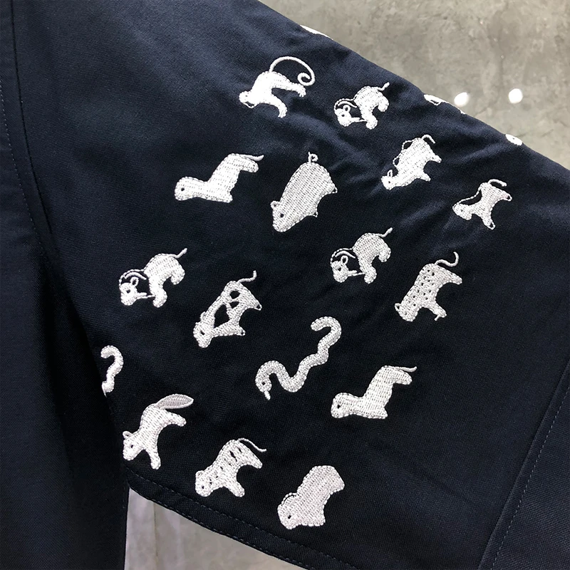 TB THOM Men's Shirt Summer Animal Embroidery Clothing Casual Oxford Slim Fit Short Sleeve Korean Breathable High Quality Tops