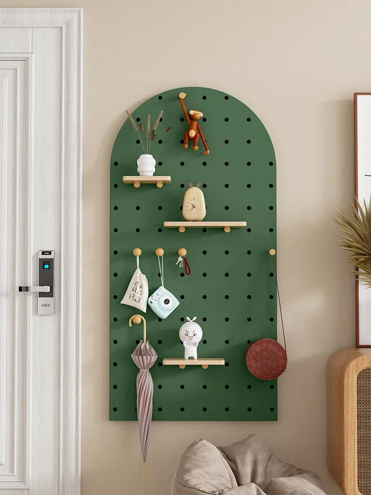 

Customized Entrance Hallway Wall Design Display Rack with Hole Board, Red Mesh Small Household Wooden Storage Wall Storage Rack