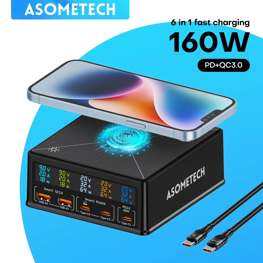 160W GaN USB зарядная станция 15W беспроводной зарядный ЖК-дисплей USB C PD 65W QC быстрое зарядное устройство для Iphone 14 Samsung Xiaomi ноутбука