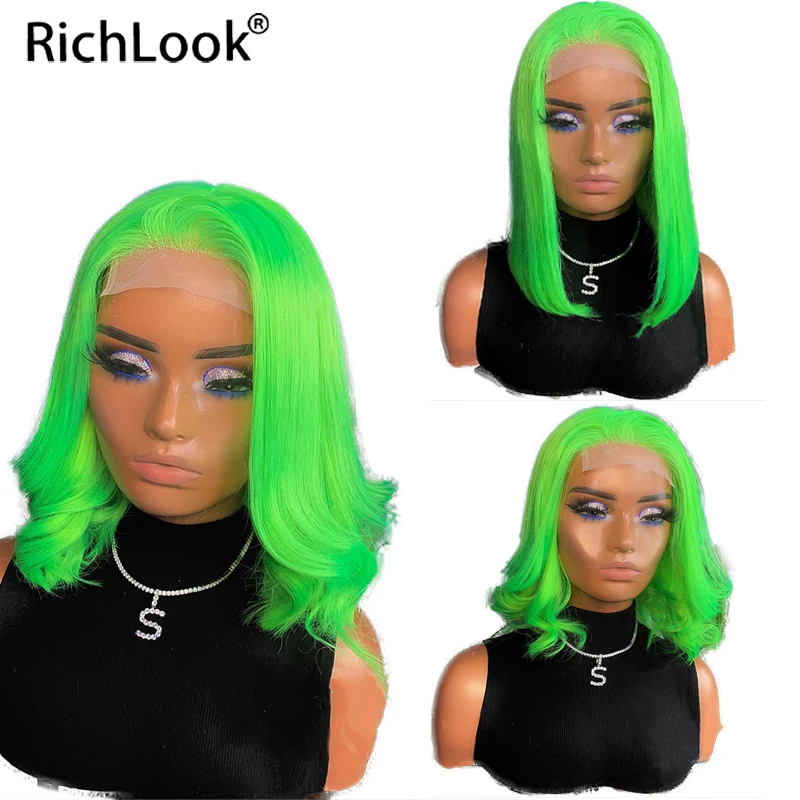 Short Bob Straight Cut Green Color 13X4 Lace Front Human Hair 4X4 Closure Frontal Wigs Prepluck With Baby Hair Brazilian Remy