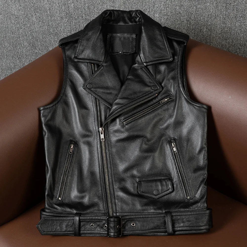 

Biker Motorcycle Genuine Leather Vest Black Cowhide Rider Vest Leather Sleeveless Clothes Asian Size Wholesale Free Shipping