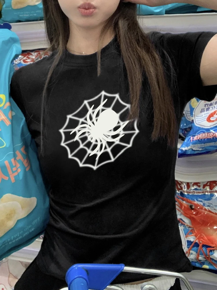 

SONNEESD Summer Fashion American Style Spider Web Printing Tee Harajuku Girly Slim Short Sleeves Vintage Black Short T-Shirt