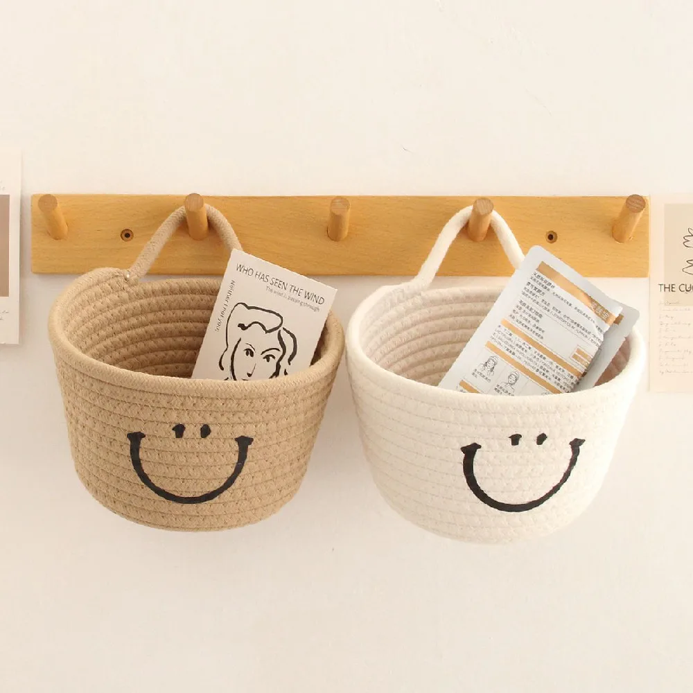 

Woven Hanging Basket Smiley Desktop Wall Mountable Toys Cosmetics Storage Flower Basket Fruit Container Home Cabinet Decoration