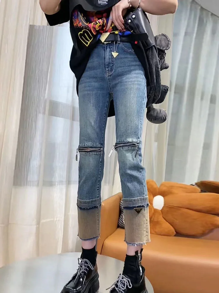 Women's Jeans 2023 Spring And Autumn New High Waist Gradient Zipper Y2k Elastic Jeans Slim Straight Pipe Pants