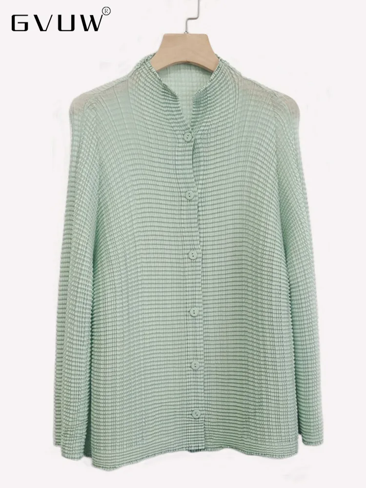 

Женская плиссированная рубашка GVUW, с тиснением в клетку, с длинным рукавом и круглым вырезом, однобортный однотонный летний Повседневный То...