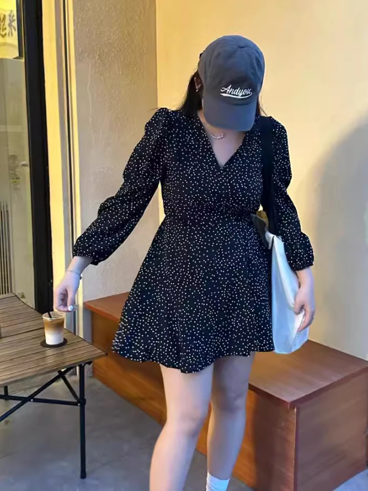 Женское мини-платье в горошек облегающее платье Корейском стиле с пышными