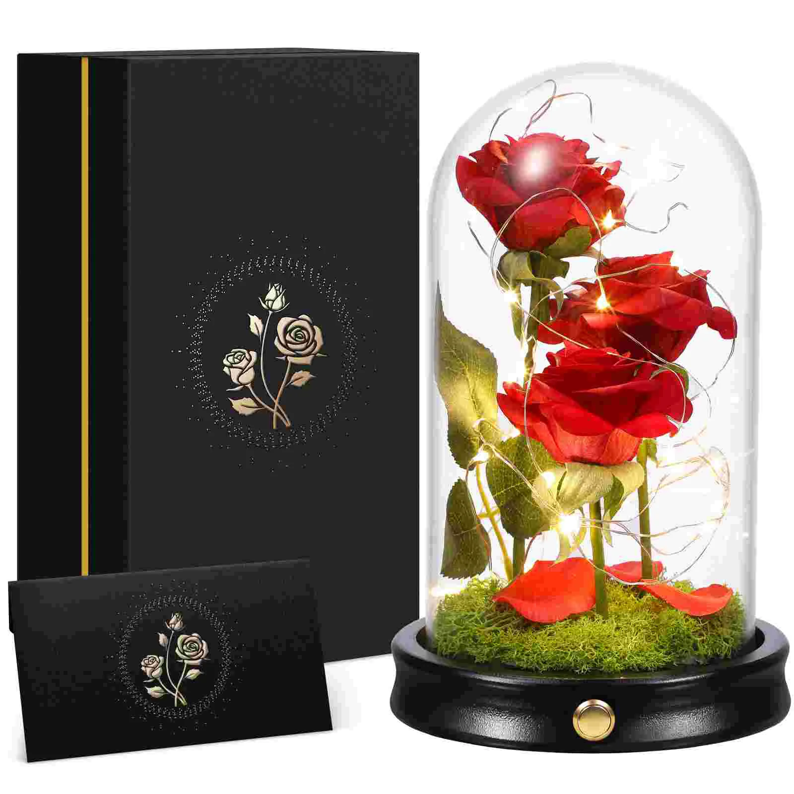 

ETEREAUTY Flower Roses in Glass Dome with Fallen Petals 4 Modes 30 Lights Greeting Gift Box for Valentine's Day