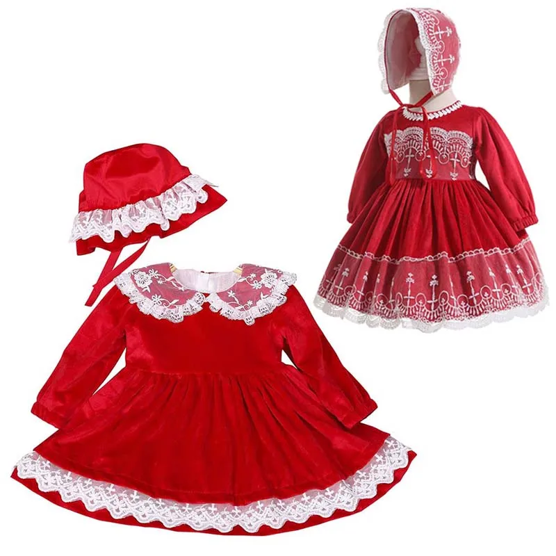 

Baby Girl Red Ruffles Lolita Dress Autumn Infant Pink Velvet Christening Gown+Hat Newborn Birthday Baptism Spanish Dresses 12M