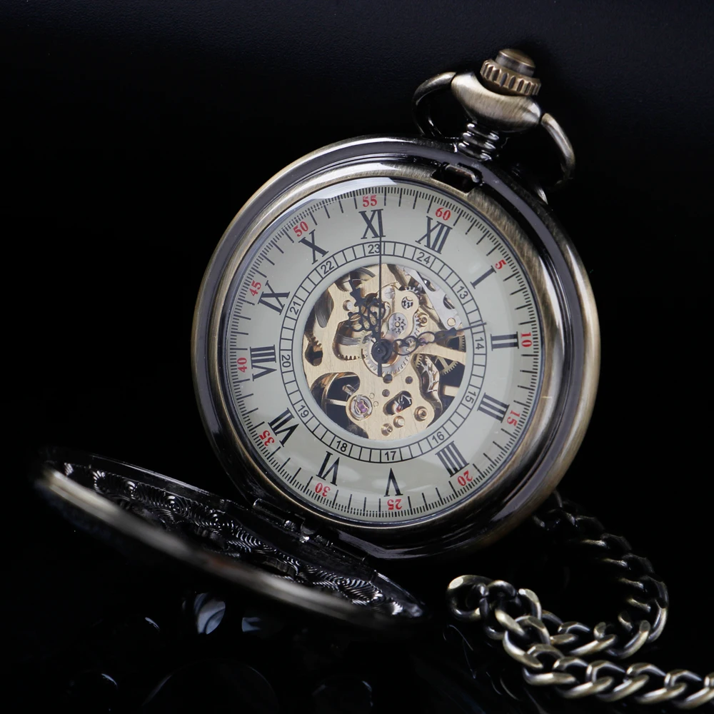 Exquisite Hollowed-Out Pattern Mechanical Manual Pocket Watch Gold Roman Digital Skull Dial Pendant Automatic Antique Clock