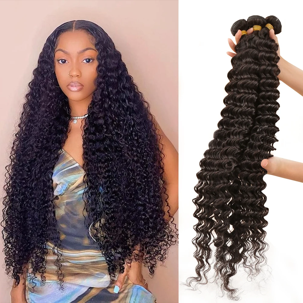 

Loose Deep Wave 1 3 4 Bundles 100% Human Hair Weaves Brazilian Curly Extensions 28 30 32 Inch Deep Wave Curly Bundles Remy Hair