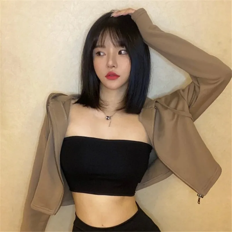 

Женская толстовка на молнии с капюшоном и длинным рукавом, Повседневная однотонная толстовка, новинка 2023, корейские женские толстовки в стиле Харадзюку, куртка Y2k Indie