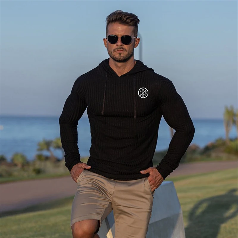 

Осенний дышащий Тонкий женский тренировочный пуловер для бега с длинным рукавом Мужская модная трикотажная полосатая футболка с капюшоном