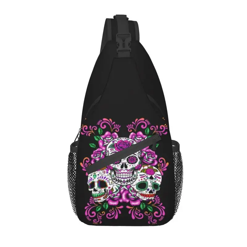 

Cool Triple Skull Pink Floral Day Of The Dead Sugar Skulls Sling Bag for Traveling Men Crossbody Chest Backpack Shoulder Daypack