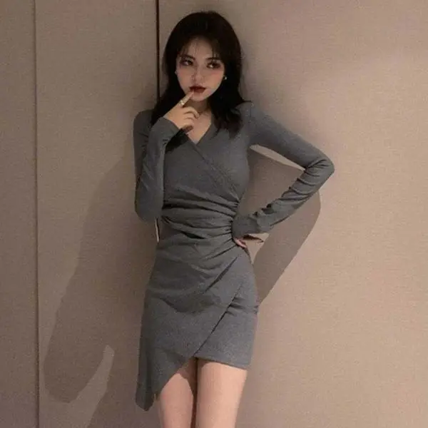 

Sexy Irregular Slim Fit Long Sleeved Dress Cross V Neck Waist Tight Slimming Hip
