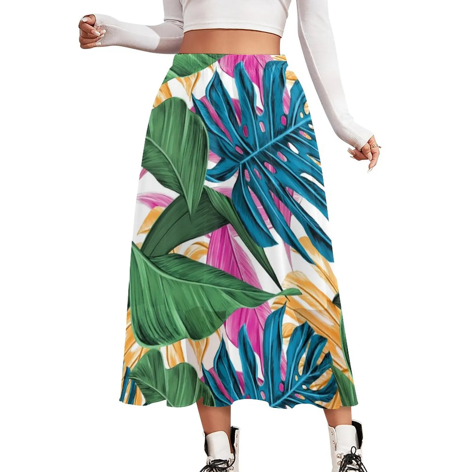 

Colorful Leaves Chiffon Skirt Tropical Palm Print Street Style Casual Skirts Female Elegant A-line Skirt Graphic Clothes Gift
