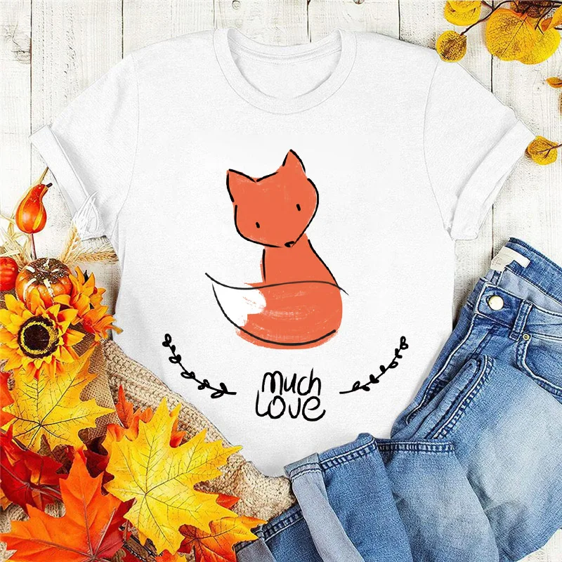 

Women Clothing Tees Fashion Short Sleeve Cartoon Print Simple Watercolor New Female 90s Clothes Tops Tshirts Cunning Fox Animal