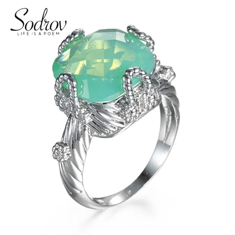 

SODROV Luxury Jewelry Green Opal Crystal Rings for Women Engagement Wedding Ring Gift