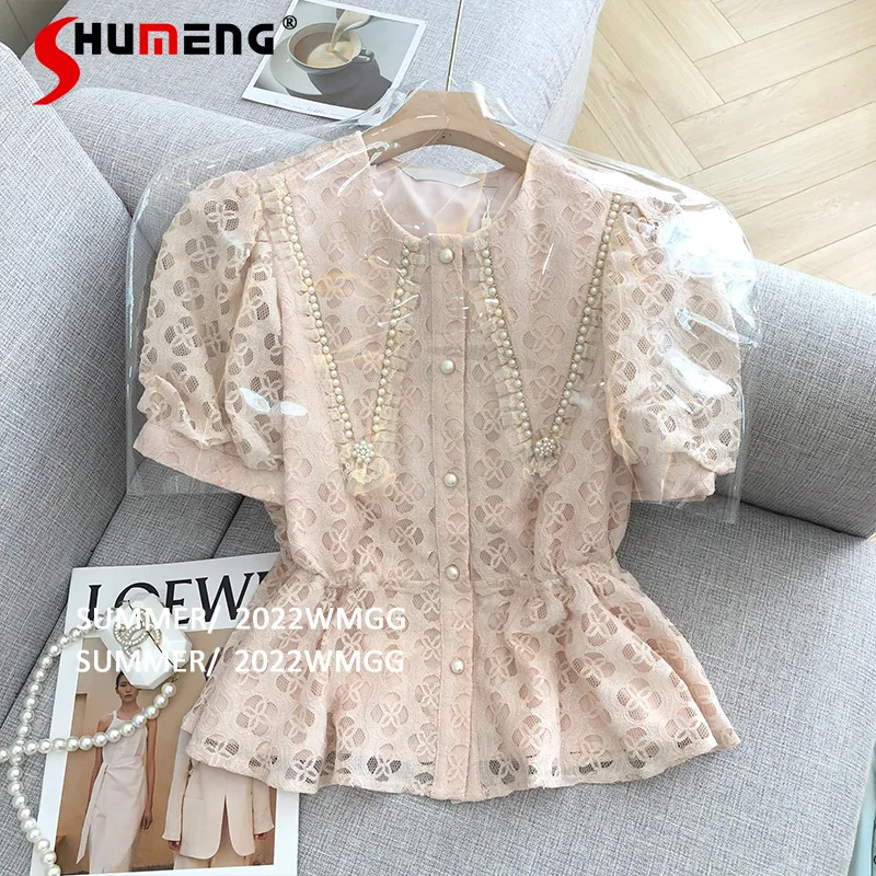 

Women's 2022 Summer New Western Style Fashion Pearl Collar Shirt Ladies Elegant Puff Sleeve Hollow Out Cinched Slimming Blusas