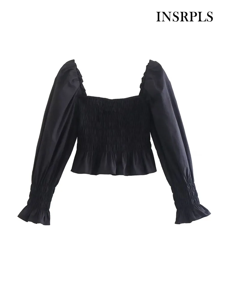 

INSRPLS женские модные с дымчатым эластичным укороченным блузки винтажные квадратный воротник пышные рукава женские рубашки Блузы шикарные т...