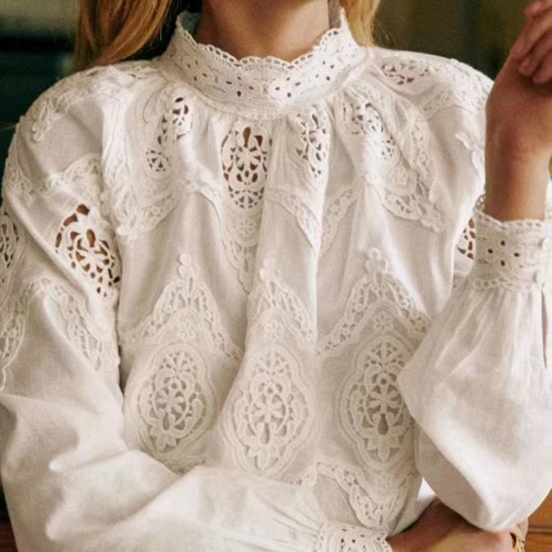 Women's Hollow Out Embroidery Stand Collar Long Sleeve Blouse Autumn and Winter Ladies Sweet Loose Lace Shirt  2022 New