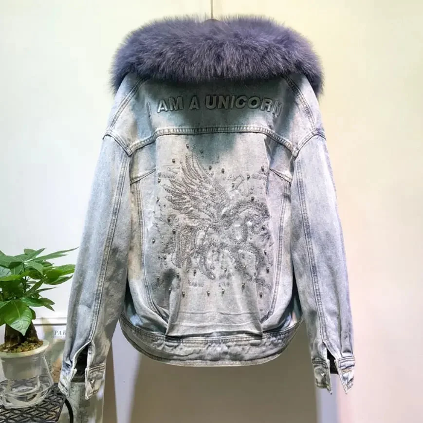 

Real Fox fur collar thicker warm denim jacket female winter real rabbit liner detachable diamond beading coat F2064