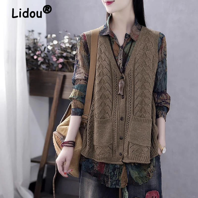 Women Vintage Hollow Pockets V-neck Sleeveless Knitted Sweater Vests Spring Autumn Casual Solid Single Breasted Waistcoats Tops
